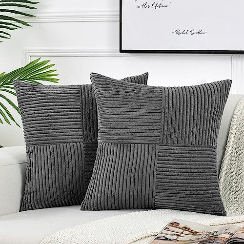 FDTERN 2er Set Boho Kordsamt Kissenbezug 30x30CM Dunkelgrau Einfarbig Flauschig Kissenbezüge Kissenhülle Dekokissenbezug Sofakissen Dekokissen Deko für Sofa Schlafzimmer Wohnzimmer Balkon von FDTERN