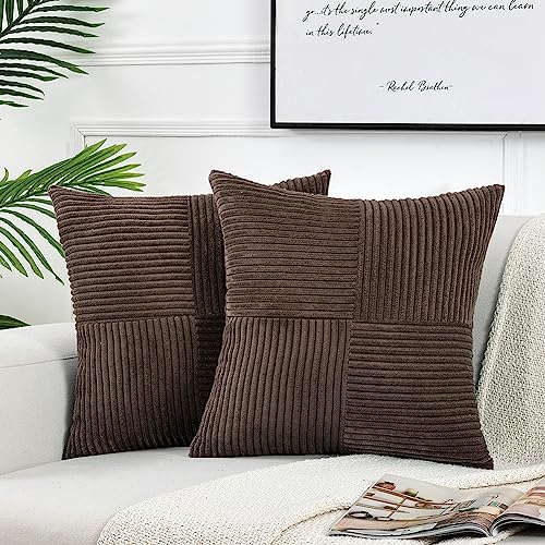 FDTERN 2er Set Boho Kordsamt Kissenbezug 50x50CM Dunkelbraun Einfarbig Flauschig Quadrat Kissenbezüge Kissenhülle Dekokissenbezug Sofakissen Dekokissen Deko für Sofa Schlafzimmer Wohnzimmer Balkon von FDTERN