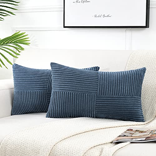 FDTERN 2er Set Boho Kordsamt Kissenbezug Rechteckig 30x50CM Blau Einfarbig Flauschig Kissenbezüge Kissenhülle Dekokissenbezug Sofakissen Dekokissen Deko für Sofa Schlafzimmer Wohnzimmer von FDTERN