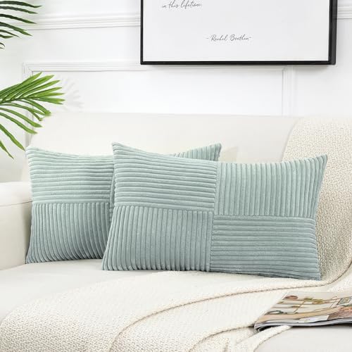 FDTERN 2er Set Boho Kordsamt Kissenbezug Rechteckig 30x50CM Graublau Einfarbig Flauschig Kissenbezüge Kissenhülle Dekokissenbezug Sofakissen Dekokissen Deko für Sofa Schlafzimmer Wohnzimmer Balkon von FDTERN