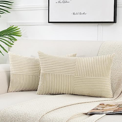 FDTERN 2er Set Boho Kordsamt Rechteckig Kissenbezug 30x50CM Beige Einfarbig Flauschig Kissenbezüge Kissenhülle Dekokissenbezug Sofakissen Dekokissen Deko für Sofa Schlafzimmer Wohnzimmer Balkon von FDTERN