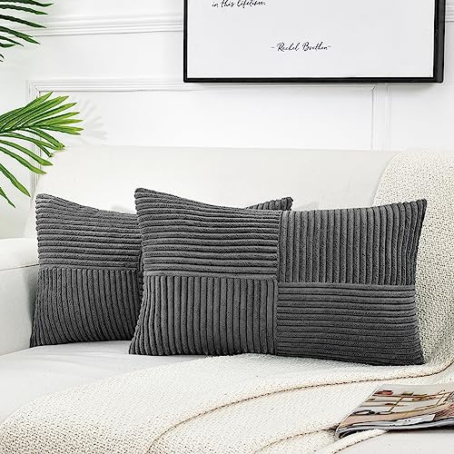 FDTERN 2er Set Boho Kordsamt Rechteckig Kissenbezug 30x50CM Dunkelgrau Einfarbig Flauschig Kissenbezüge Kissenhülle Dekokissenbezug Sofakissen Dekokissen Deko für Sofa Schlafzimmer Wohnzimmer von FDTERN