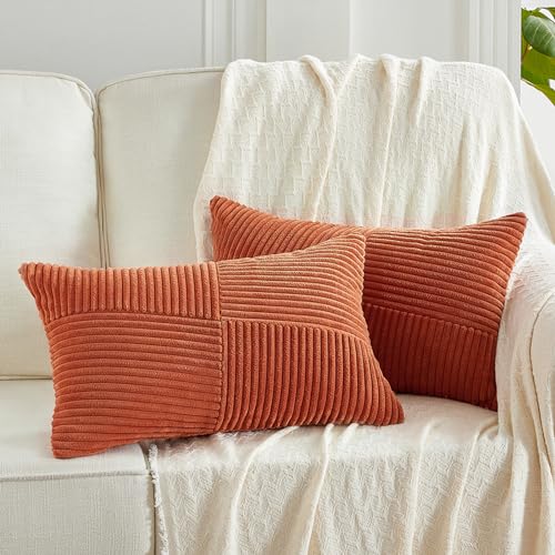 FDTERN 2er Set Karamell Boho Dekorativ Kissenbezug 30x50 mit Diagonales Gestreiftes Muster Weich Kordsamt Kissenhülle Zierkissenbezüge Sofakissen Dekokissen Deko für Sofa Schlafzimmer Wohnzimmer von FDTERN