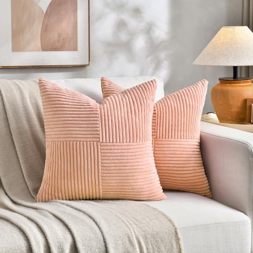 FDTERN 2er Set Lachsrosa Kordsamt Kissenbezug 45x45CM Weich Moderne Dekorative Kissenbezüge Kissenhülle Dekokissenbezug Sofakissen Dekokissen Boho Deko für Sofa Schlafzimmer Wohnzimmer Balkon von FDTERN