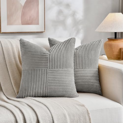 FDTERN 2er Set Neutral Grau Kordsamt Kissenbezug 65x65CM Weich Moderne Dekorative Kissenbezüge Kissenhülle Dekokissenbezug Sofakissen Dekokissen Boho Deko für Sofa Schlafzimmer Wohnzimmer Bett von FDTERN