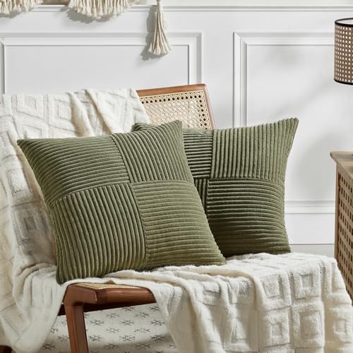FDTERN 2er Set Olivgrün Kordsamt Kissenbezug 60x60 Weich Dekorative Kissenbezüge Kissenhülle Dekokissenbezug Sofakissen Dekokissen Boho Deko für Sofa Schlafzimmer Wohnzimmer Bett von FDTERN