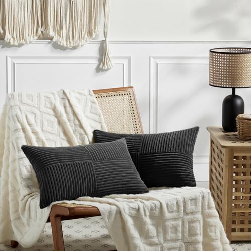FDTERN 2er Set Schwarz Kordsamt Kissenbezug 35x60CM Weich Moderne Dekorative Kissenbezüge Kissenhülle Dekokissenbezug Sofakissen Dekokissen Boho Deko für Sofa Schlafzimmer Wohnzimmer Balkon von FDTERN