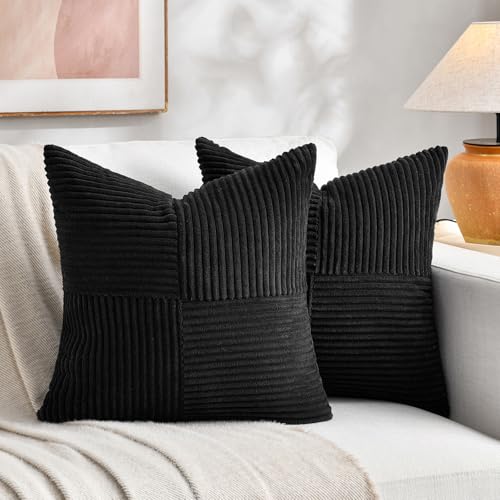 FDTERN 2er Set Schwarz Kordsamt Kissenbezug 70x70 Weich Moderne Dekorative Kissenbezüge Kissenhülle Dekokissenbezug Sofakissen Dekokissen Boho Deko für Sofa Schlafzimmer Wohnzimmer Bett von FDTERN