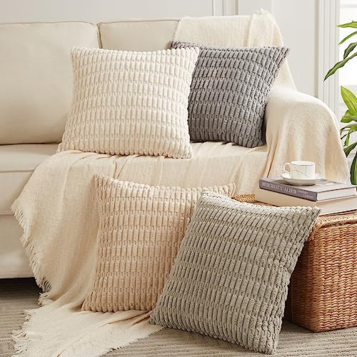 FDTERN 4er Set Boho Kissenbezug 35x35 cm Grau Beige Creme Farbverlauf Kissenbezüge Kordsamt Kissenhülle Dekokissenbezug Sofakissen Dekokissen Deko für Sofa Schlafzimmer Wohnzimmer Balkon Flauschig von FDTERN