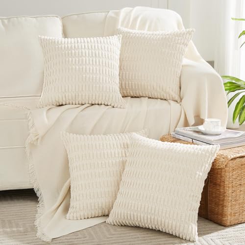 FDTERN 4er Set Boho Kissenbezug 40x40 Creme Einfarbig Flauschig Kissenbezüge Weich Kordsamt Beige Kissenhülle Dekokissenbezug Sofakissen Dekokissen Deko für Sofa Schlafzimmer Wohnzimmer Balkon von FDTERN