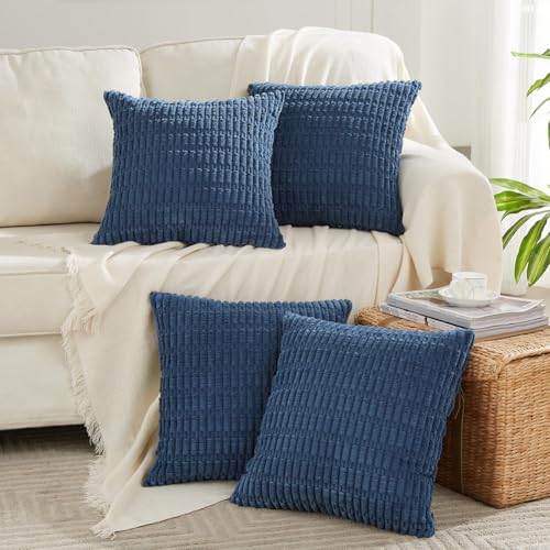 FDTERN 4er Set Boho Kissenbezug 40x40 cm Blau Einfarbig Flauschig Kissenbezüge Kordsamt Kissenhülle Dekokissenbezug Sofakissen Dekokissen Deko für Sofa Schlafzimmer Wohnzimmer Balkon von FDTERN