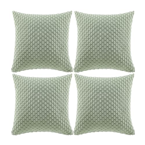 FDTERN 4er Set Boho Kordsamt Kissenbezug 45x45CM Blassgrün Einfarbig Flauschig Kissenbezüge Kissenhülle Dekokissenbezug Sofakissen Dekokissen Deko für Sofa Schlafzimmer Wohnzimmer Balkon von FDTERN