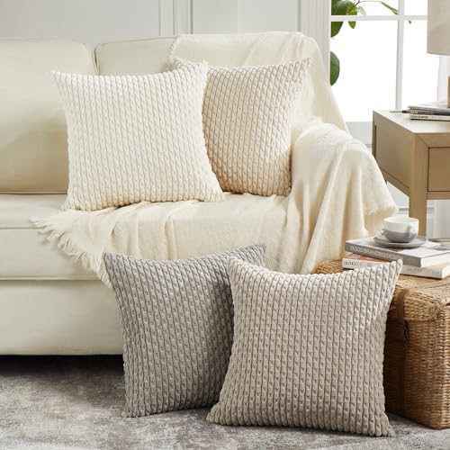 FDTERN 4er Set Boho Kordsamt Kissenbezug 50x50CM Grau Beige Creme Farbverlauf Flauschig Kissenbezüge Kissenhülle Dekokissenbezug Sofakissen Dekokissen Deko für Sofa Schlafzimmer Wohnzimmer Balkon von FDTERN