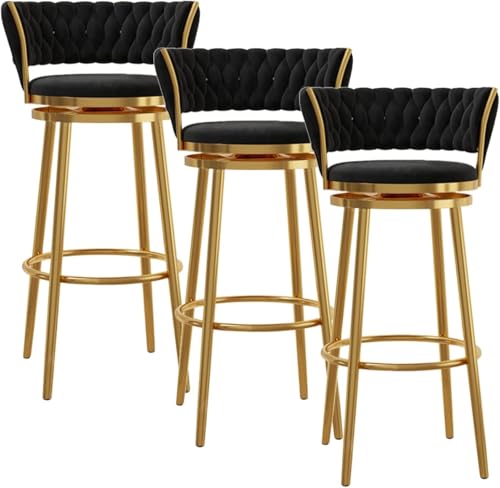 FDTMGW Moderne Blue Polstered Counter Height Bar Stools Set von 2 295 Zoll mit 360 ° Schwenkern Gold Metall Chrom Basis stilvolle Barstühle für Küchen- und Esszimmer, Schwarz, 3 Stcs, 75 cm von FDTMGW