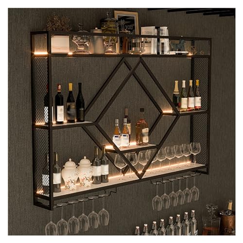 FDTMGW Wandmontiertes Weinregal mit LED -Beleuchtung 3 -Tier -Metall -Goblet -Anzeige und Flaschenlagerständer für Stangen und Esszimmer von FDTMGW