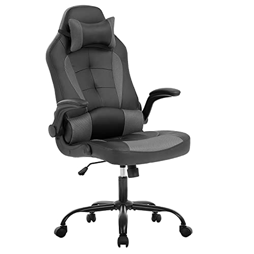 PC Gaming Stuhl Ergonomischer Bürostuhl Computer Schreibtischstuhl mit Armlehnen Kopfstütze und Lendenwirbelstütze Hohe Rückenlehne PU Leder Chefsessel für Zuhause (Grau) von FDW