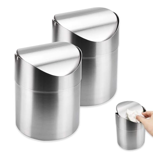 FEADBYT Tischmülleimer mit Deckel, 2 Stück Mini Edelstahl Tischabfalleimer, mit Schwingdeckel, Papierkorb Desktop, 1,2L Tischmülleimer für Zuhause Büro Waschtisch (Silber) von FEADBYT