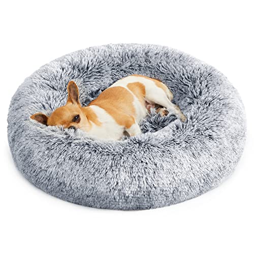 Feandrea Hundebett flauschig, Katzenbett, Donut Kissen, waschbar, Polsterung in der Mitte herausnehmbar, Langer Plüsch, 50 cm Durchmesser, Ombré-Grau PGW037G01 von Feandrea