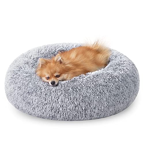 Feandrea Hundebett flauschig, Katzenbett, Donut Kissen, waschbar, Polsterung in der Mitte herausnehmbar, Langer Plüsch, 60 cm Durchmesser, Ombré-Grau PGW038G01 von Feandrea