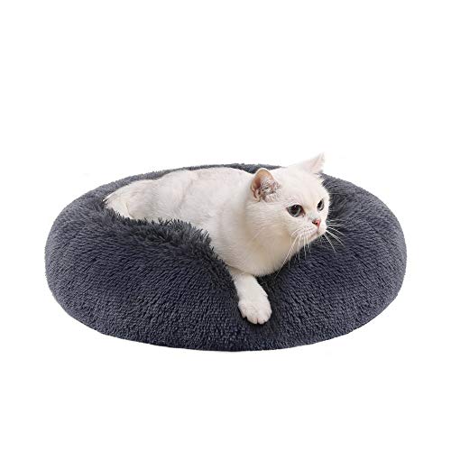 Feandrea Hundebett flauschig, Katzenbett, Donut Kissen, waschbar, Polsterung in der Mitte herausnehmbar, Langer Plüsch, 50 cm Durchmesser, dunkelgrau PGW037G02 von Feandrea