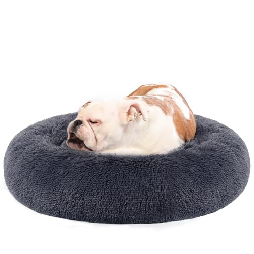 Feandrea Hundebett flauschig, Katzenbett, Donut Kissen, waschbar, Polsterung in der Mitte herausnehmbar, Langer Plüsch, 80 cm Durchmesser, dunkelgrau PGW040G02 von Feandrea