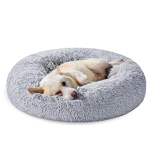 Feandrea Hundebett flauschig, Katzenbett, Donut Kissen, waschbar, Polsterung in der Mitte herausnehmbar, Langer Plüsch, 80 cm Durchmesser, Ombré-Grau PGW040G01 von Feandrea