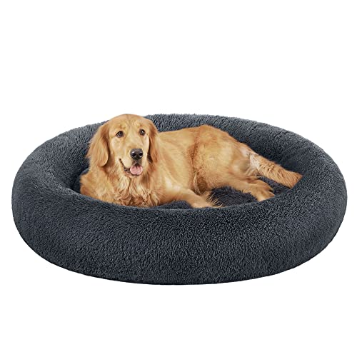 Feandrea Hundebett flauschig, Katzenbett, Donut Kissen, waschbar, Polsterung in der Mitte herausnehmbar, Langer Plüsch, 120 cm Durchmesser, dunkelgrau PGW043G02 von Feandrea