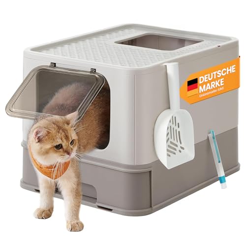 Feandrea Katzenklo, Katzentoilette, mit Deckel, ausziehbares Tablett, Schaufel, Bürste, für Katzen bis 15 kg, weniger Spuren, auslaufsicherer Boden, haferflockenfarben-warmgrau PPT001G01 von Feandrea