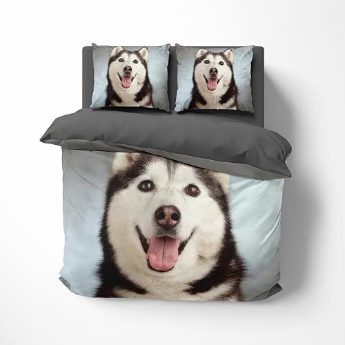 FEBE 3D Bettwäsche Husky Bettbezug-Set 135x200 + Kissenbezug 80x80 cm Wendebettwäsche 2 Teilig mit Reißveschluss von FEBE