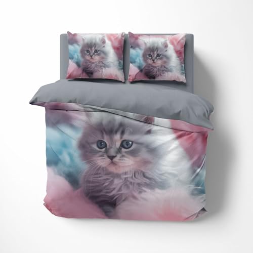 FEBE 3D Bettwäsche Kätzchen Bettbezug-Set 135x200 + Kissenbezug 80x80 cm Wendebettwäsche 2 Teilig mit Reißveschluss von FEBE