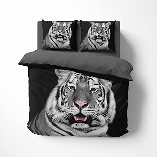 FEBE 3D Bettwäsche Tiger Bettbezug-Set 135x200 + Kissenbezug 80x80 cm Wendebettwäsche 2 Teilig mit Reißveschluss von FEBE