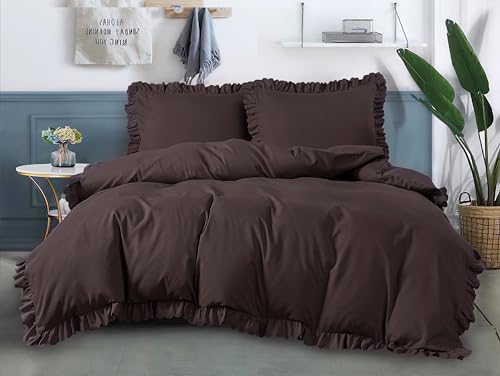 FEBE Bettwäsche mit Rüschen Braun Einfarbige Elegante Bettbezug-Set 135x200 + Kissenbezug 80x80 cm 2 Teilig mit Reißveschluss von FEBE