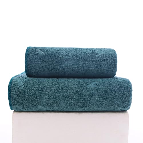 FEBE Handtücher Badetuch 70x140 + 50x100 cm Dunkelgrün Handtücher Set Badehandtuch Frottee mit Bambus Muster Mikrofaser Towel von FEBE