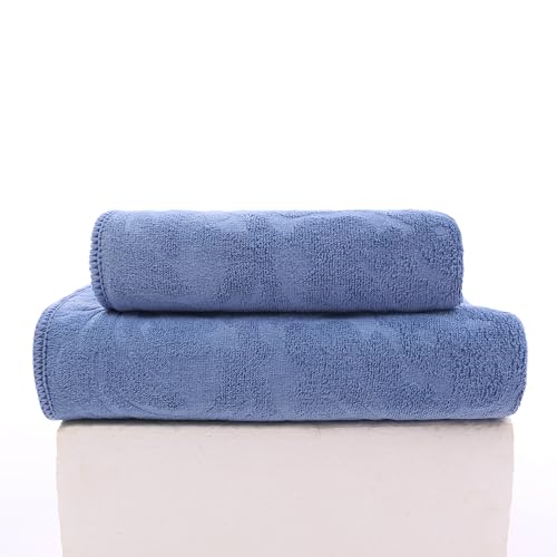 FEBE Handtücher Badetuch 70x140 + 50x100 cm Hellblau Handtücher Set Badehandtuch Frottee mit Blumen Muster Mikrofaser Towel von FEBE