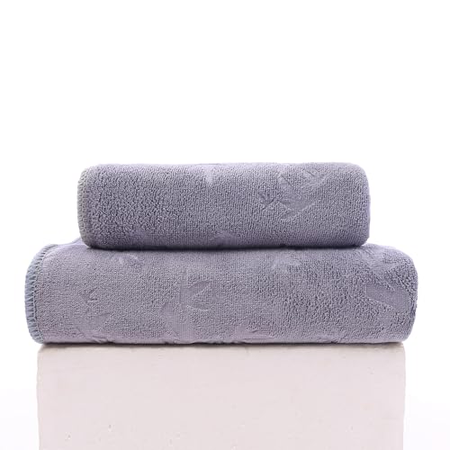 FEBE Handtücher Badetuch 70x140 + 50x100 cm Hellgrau Handtücher Set Badehandtuch Frottee mit Bambus Muster Mikrofaser Towel von FEBE