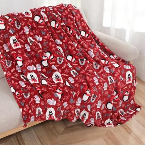 Kuscheldecke Weihnachtsdecke Eisbär und Pinguin 220x200 cm Christmas Winterdecke flauschig warme Tagesdecke Wohnzimmer Deko Sofadecke Bettdecke von FEBE