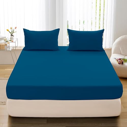 Spannbettlaken Blau 220x200 cm Spannbetttuch Bettlaken Jersey Matratzenhöhe bis 25 cm 100% Baumwolle von FEBE