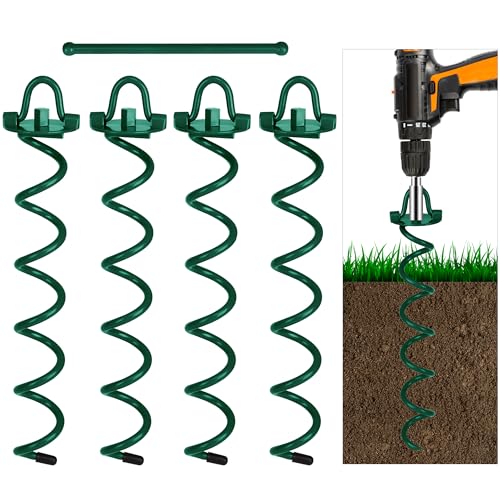FEED GARDEN 16 Inch Spiral Ground Anchors Kit Heavy Duty Screw in Earth Anchors with Crow Bar, 4 Pack Folding Ring Ground Stakes for Securing Dogs,Tents, Trampolines, Canopies, Swing Sets,Green von FEED GARDEN