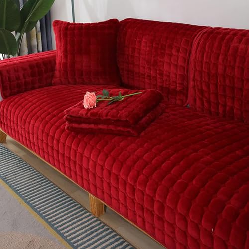 FEEGAR Samt Sofabezug 1 2 3 4 Sitzer, Sofaschoner Antirutsch L Form Sofaüberwurf rutschfest, Weicher Sofa überzug Ecksofa Hundedecke Sofa Couch überzug, Sofa überwurf,Rot,110x180cm von FEEGAR