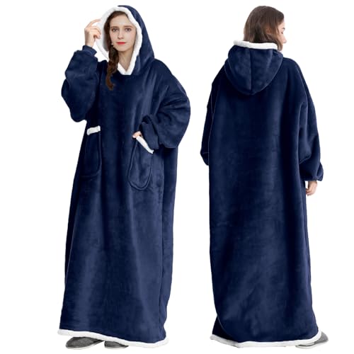 FEELJAM Decke Hoodie Decke mit Ärmeln und Kapuze Marineblaue Wolldecke mit Ärmeln tragbare Decke für Erwachsene 80 x 150 cm, Navy blau von FEELJAM