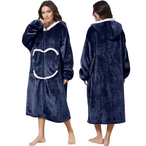 FEELJAM Decke mit Ärmeln Kuscheldecke Hoodie Decken Frauen Decke mit Kapuze mit Reißverschluss und Taschen Wearable Blanket (Navy blau) von FEELJAM