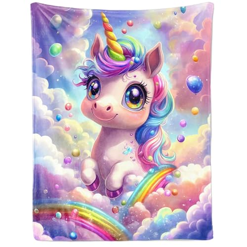 FEELJAM Einhorn Decke Kinder Kuscheldecke für Mädchen, Flanell Kinderdecke, Sofadecke, Kuscheldecke Einhorn mit Bunte Wolken, 150 * 200cm von FEELJAM