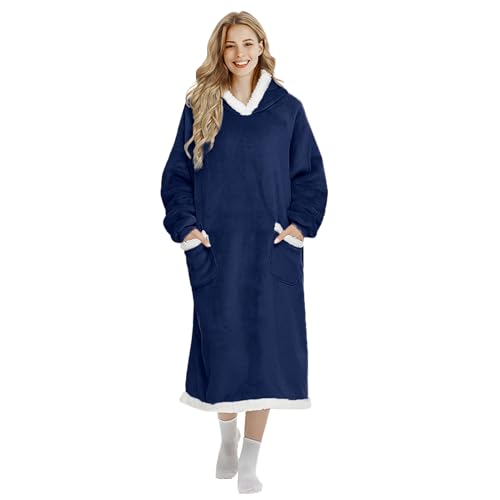 FEELJAM Kuscheldecke mit ärmeln und kapuze hoodie decke tragbare decke navy blu wolldecke mit ärmel erwachsene wearable blanket 80 x 150 cm, Navy blau hooded blanket von FEELJAM