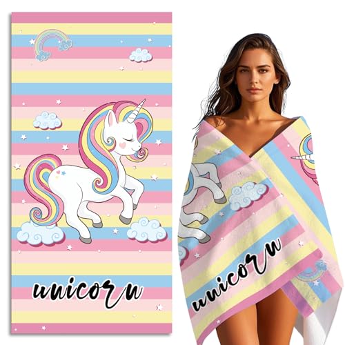FEELJAM Strandtuch 80 x 160cm M?dchen Einhorn Badetuch Strandlaken Handtuch Damen Strandhandtuch Kinder Schwimmen Duschtuch - Mehrfarbig gestreift von FEELJAM