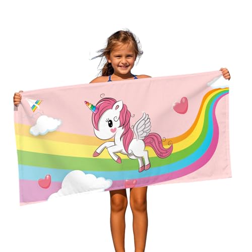 FEELJAM Strandtuch Einhorn 70 x 140 cm Kinder Badetuch Schnelltrocknendes, M?dchen Damen Schwimmen Duschtuch - Regenbogenbrücke & Einhorn von FEELJAM