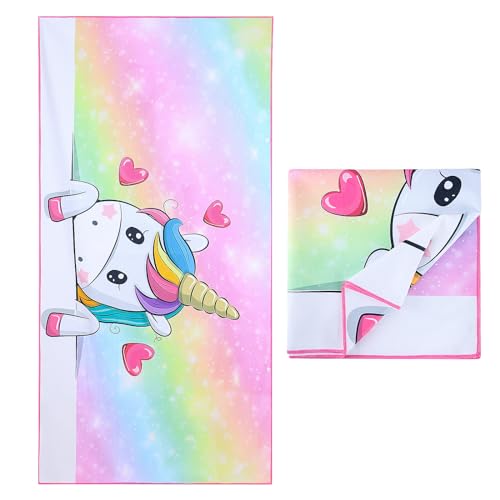 FEELJAM Strandtuch Einhorn 70 x 140 cm Kinder Badetuch Schnelltrocknendes, Mädchen Duschtuch Damen Strandhandtücher - Regenbogen Einhorn von FEELJAM