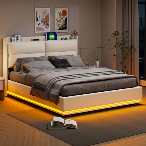 FEEOHOME Bett mit Bettkasten, 160 x 200 cm, gepolstertes Doppelbett mit Stauraum und Lattenrost, Kopfteil mit LED und USB-Anschlüssen, Multifunktionsbett, Bettgestell für Erwachsene Jugendliche, Samt von FEEOHOME