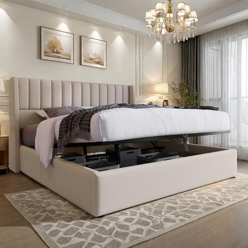 FEEOHOME Bett mit Bettkasten 160 x 200 cm, gepolstertes Doppelbett, Doppelbett mit hydraulischem Stauraum und Lattenrost, Bettgestell für Erwachsene Jugendliche, Beige, Leinen von FEEOHOME