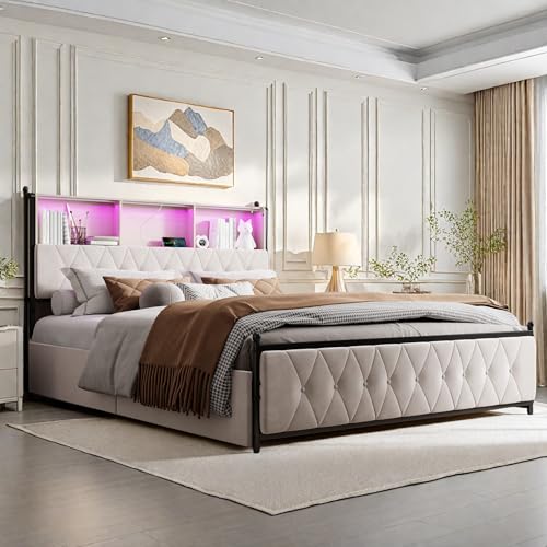 FEEOHOME Bett mit Schublade, 140 x 200 cm, Doppelbett, gepolstert, mit 4 Schubladen, mit LED und USB-Aufladung, Bettgestell mit Kopfteil für Erwachsene Jugendliche, Samt, Beige von FEEOHOME