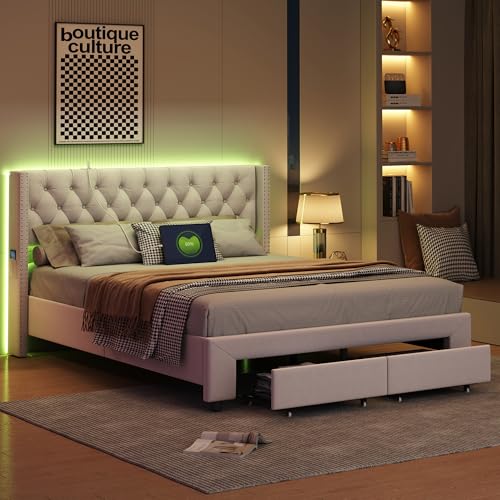 FEEOHOME Bett mit Schublade, 160 x 200 cm, gepolstertes Doppelbett mit Stauraum und 2 Schubladen, für Doppelbett, Bettgestell mit LED und Lattenrost für Erwachsene Jugendliche, Samt, Beige FEEOHOME Bett mit Schublade, 160 x 200 cm, gepolstertes Doppelbett mit Stauraum und 2 Schubladen, für Doppelbett, Bettgestell mit LED und Lattenrost für Erwachsene Jugendliche, Samt, Beige von FEEOHOME